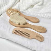 Load image into Gallery viewer, 3 Piece Natural Wooden Baby Hairbrush Boxed Set for newborns and toddlers
