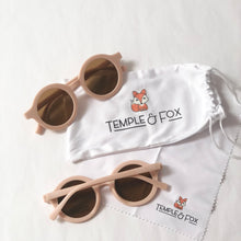 Load image into Gallery viewer, Girls light pink colour sunglasses come with a Temple & Fox branded protection pouch and cloth. Available in 8 different colours.