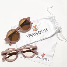 Load image into Gallery viewer, Kids sunglasses with a neutral matte finish available in 8 different colours. Suitable for children aged 18 months to 12 years old. Temple & Fox protection pouch and cloth included.