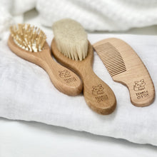 Load image into Gallery viewer, 3 Piece Natural Wooden Baby Hairbrush keepsake for new parents and baby shower gifts
