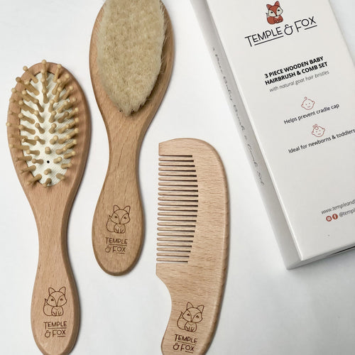 3 Piece Natural Beechwood Baby Hairbrush Boxed Set for newborns and toddlers
