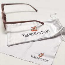 Load image into Gallery viewer, Toddler sunglasses with a Temple &amp; Fox protection pouch and cloth. Available in 8 different colours to suit any outfit. Made from recycled plastic.
